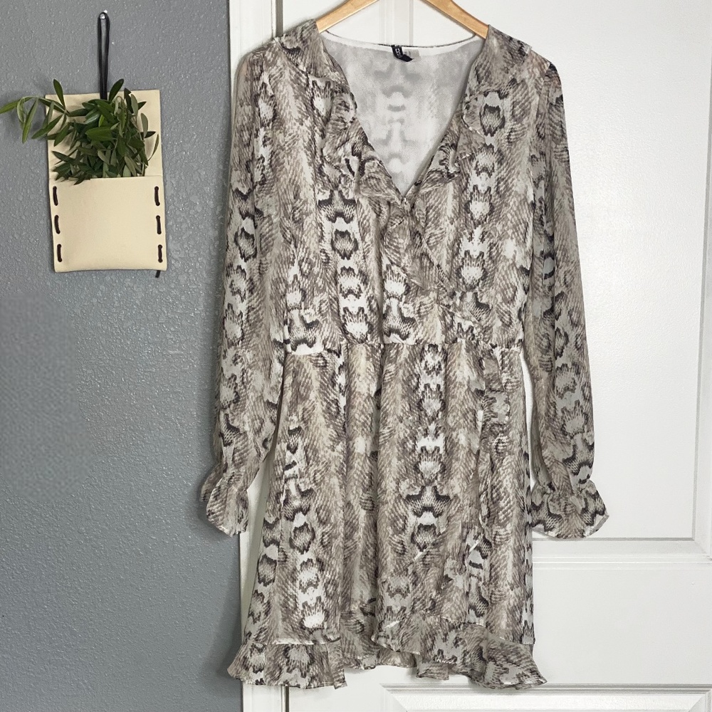 H&M Snake Print Ruffle Mini Dress - Size 10
